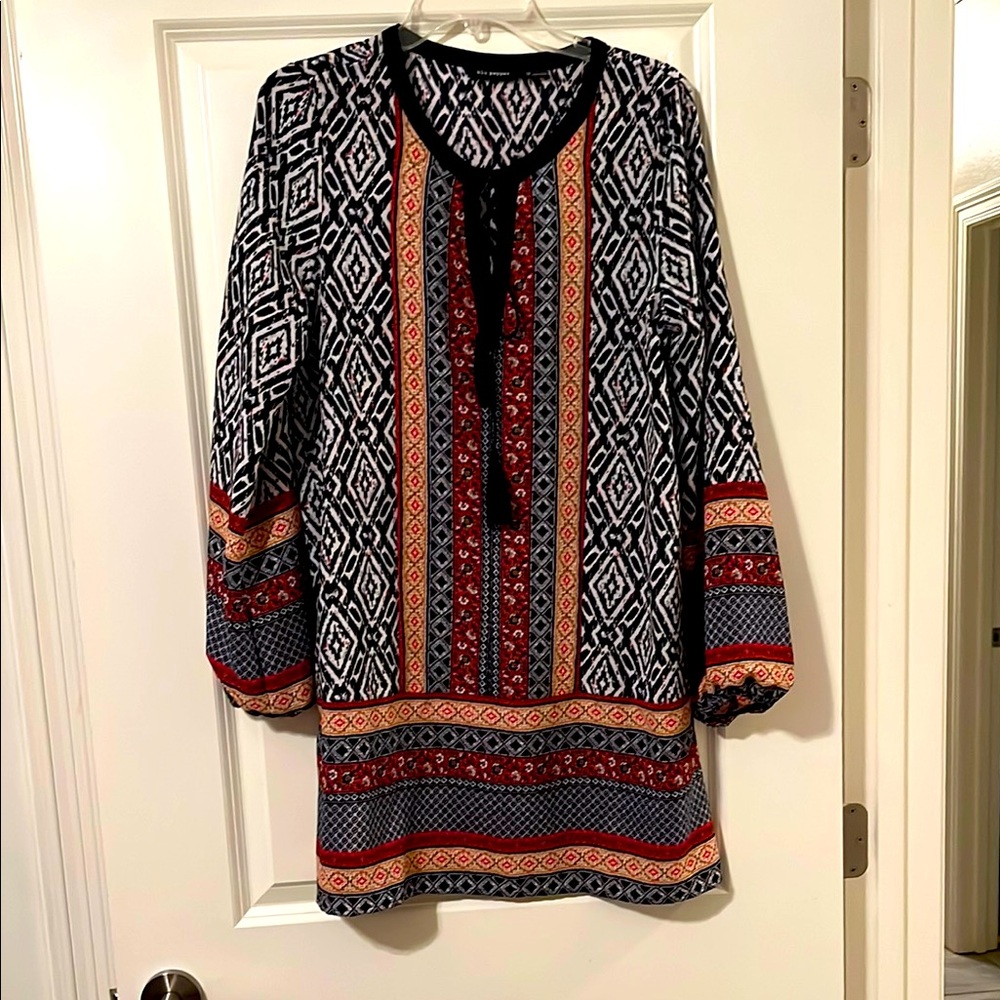 Blu Pepper Bohemian Black, Red and White Patterned Tunic Dress Size M